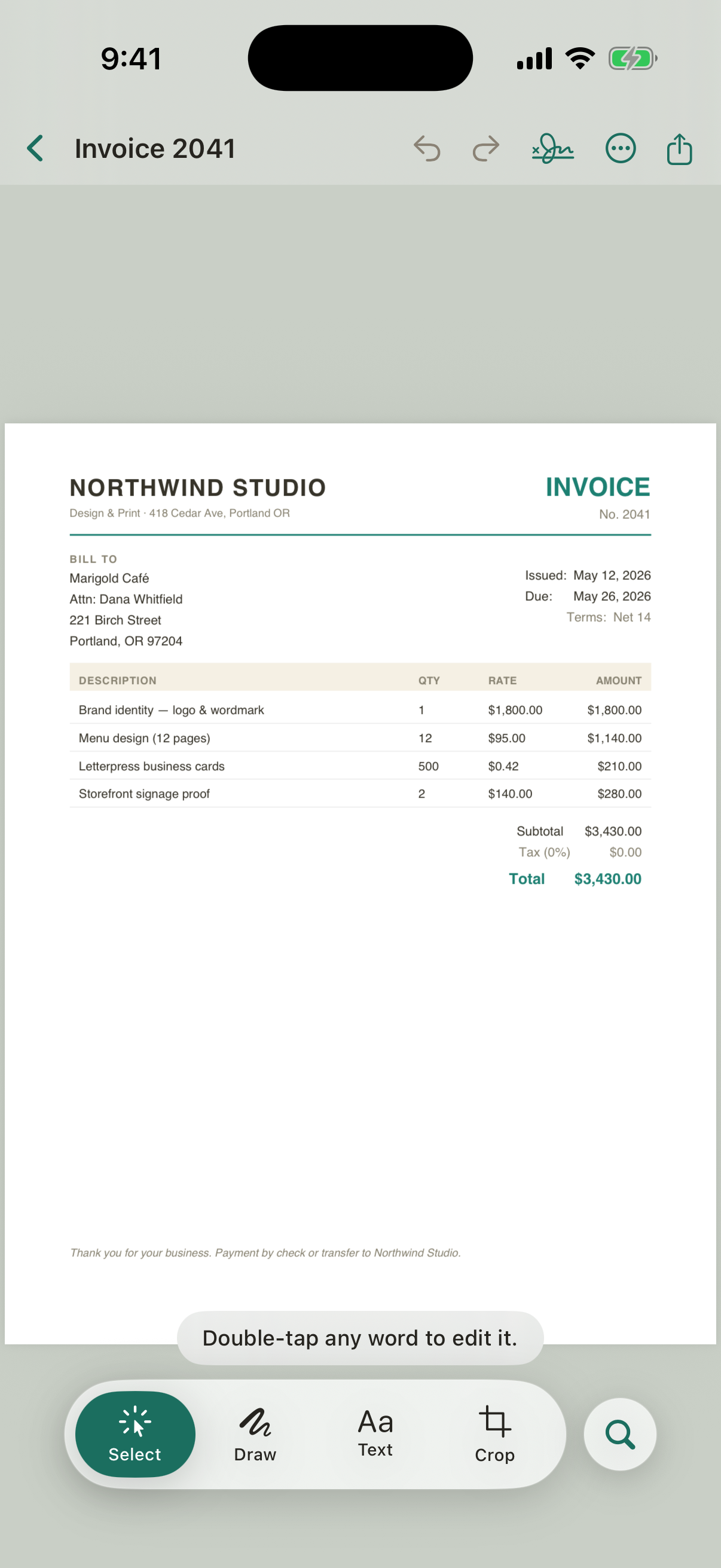 Washidoc editing an invoice